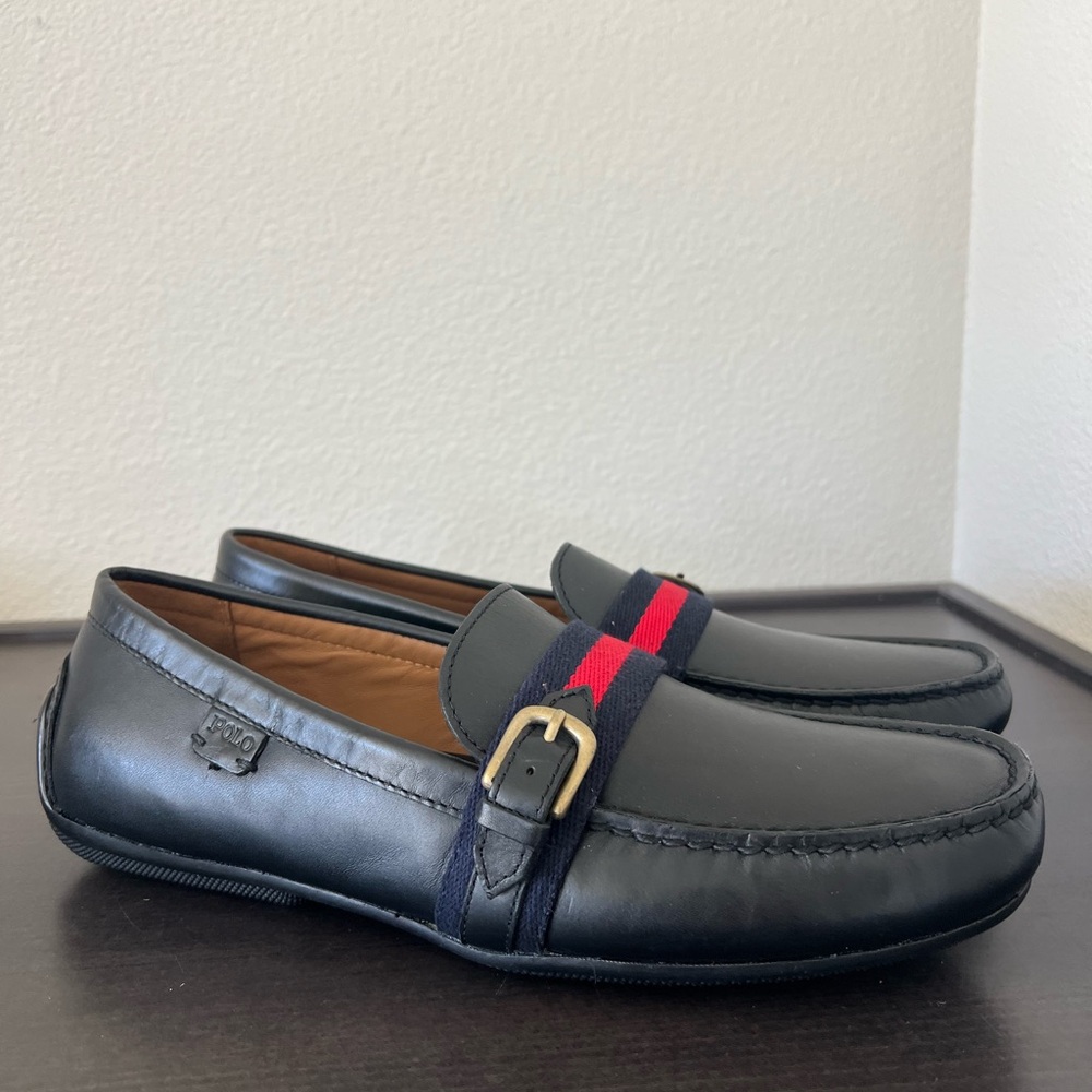 Black Leather Slip-On Driving Loafers with Red & Navy Webbing